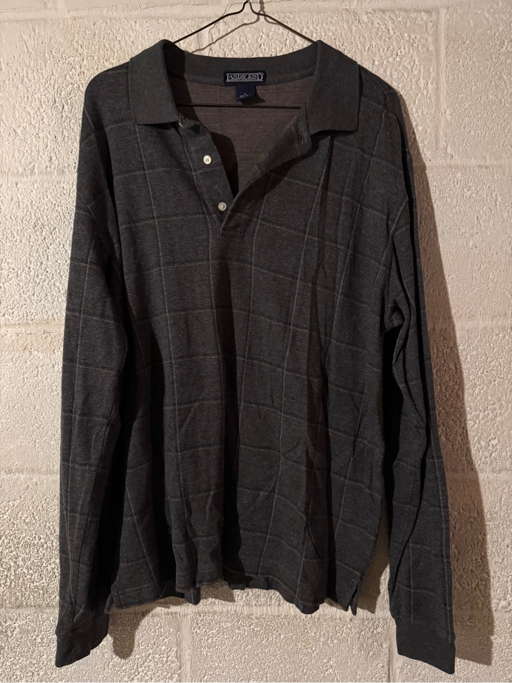 Lands’ End Men's Long Sleeve Polo Shirt - Dark Gray Windowpane
